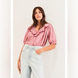 Ba&sh Women's XS Twiggy Cotton Ruffle Top Vieurose Pink‎